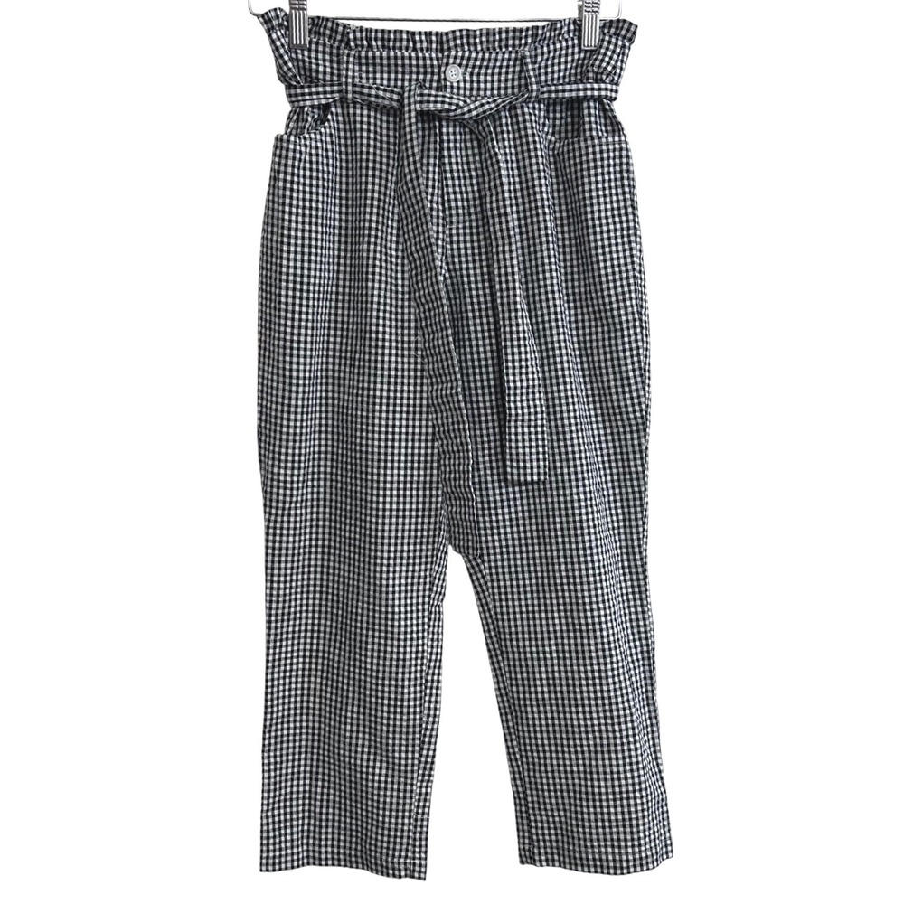 Sincerely Jules Black White Gingham Paperbag Waist‎ Pants S High Rise Tie Belt